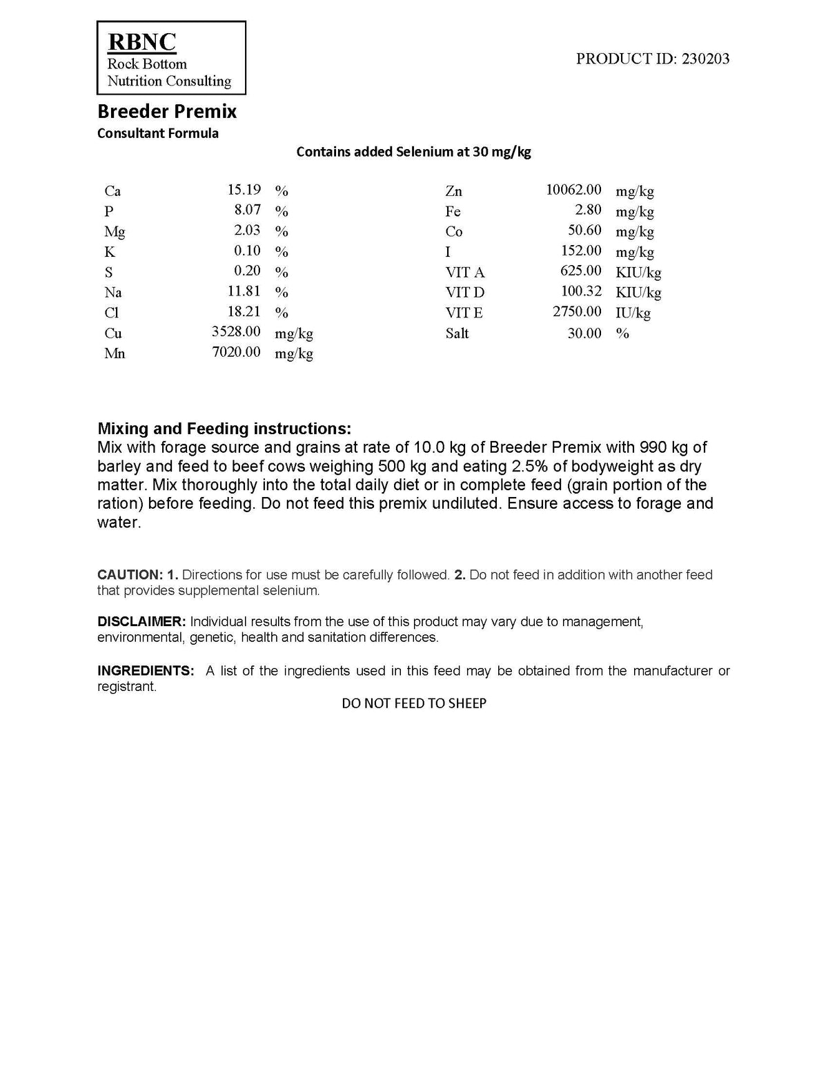 RB Breeder Premix - No Chelates