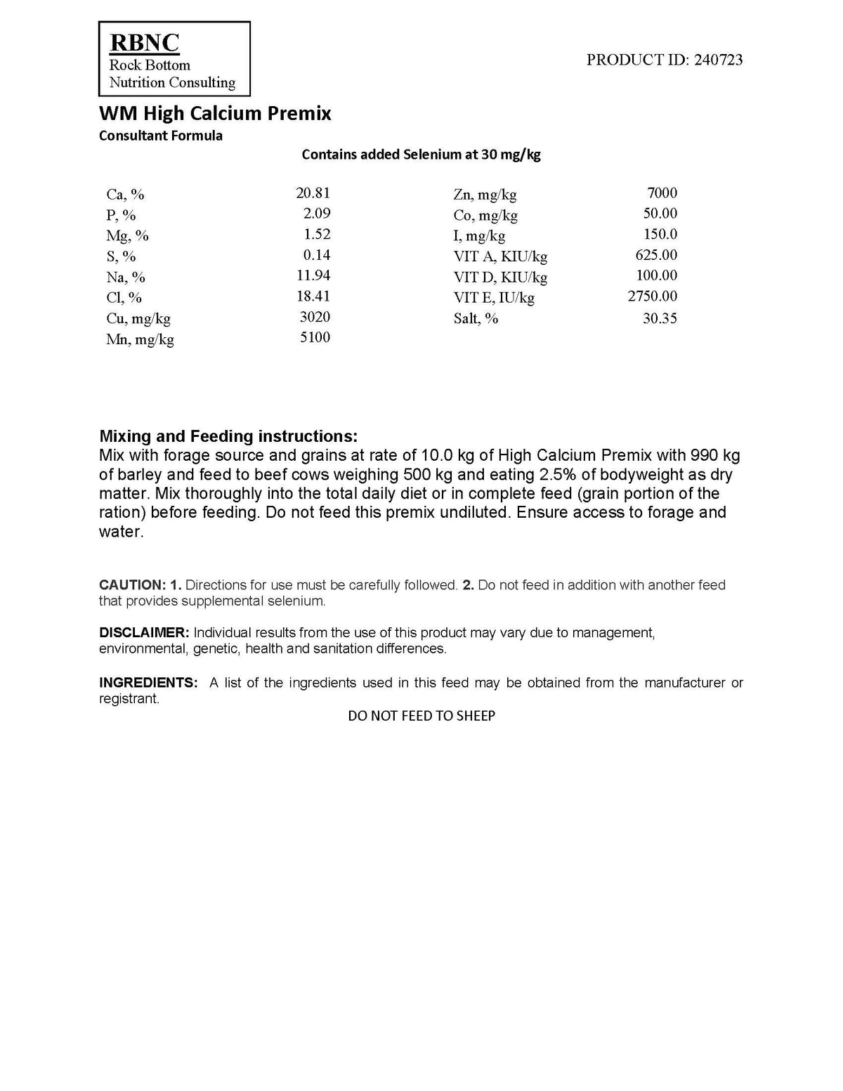 RB Hi Calcium Premix - No Chelates